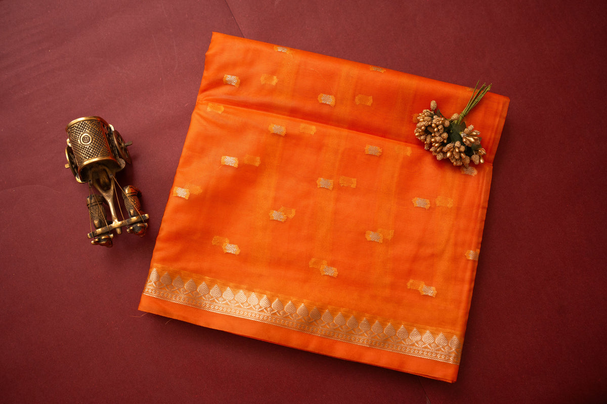 Orange Semi Kora Banarasi Organza Saree