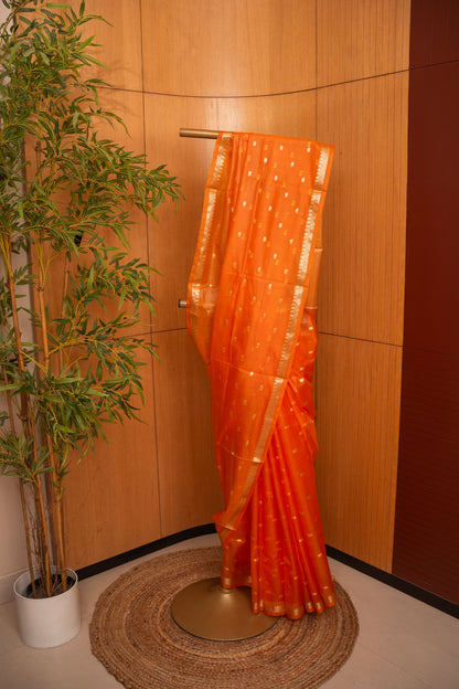 Orange Semi Kora Banarasi Organza Saree