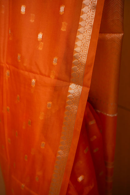 Orange Semi Kora Banarasi Organza Saree